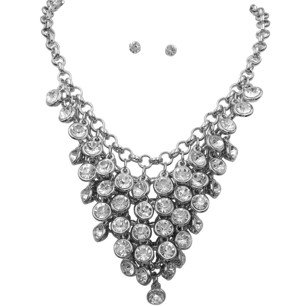 Cascading Rhinestone Silver Bib Necklace Set